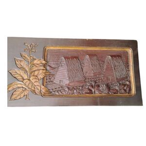 Vtg Wooden Carved Portrait Of An Island Village With Golden Palm Leaves Signed